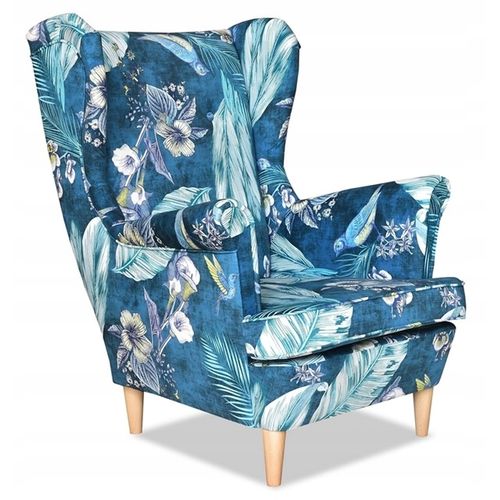 Fauteuil à Oreilles Scandinave Ari Print - Turquoise, Imprimé De Fleurs Et De Feuilles