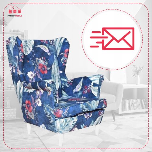 Fauteuil à Oreilles Ari Print, Style Scandinave, Bleu Marine à Motif D'oiseaux