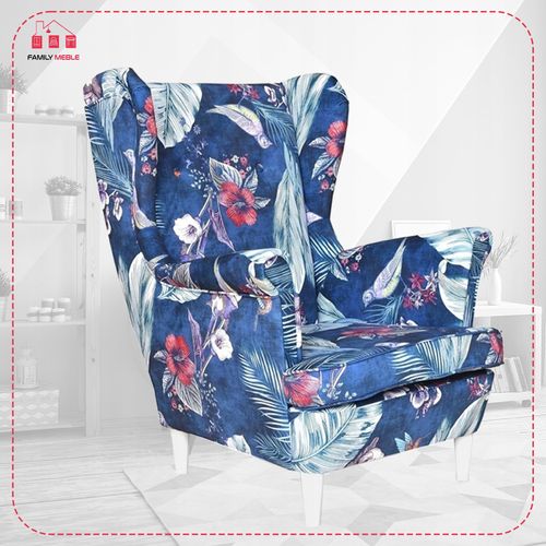 Fauteuil à Oreilles Ari Print, Style Scandinave, Bleu Marine à Motif D'oiseaux