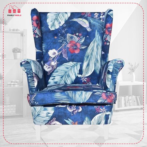 Fauteuil à Oreilles Ari Print, Style Scandinave, Bleu Marine à Motif D'oiseaux