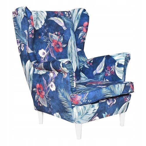 Fauteuil à Oreilles Ari Print, Style Scandinave, Bleu Marine à Motif D'oiseaux