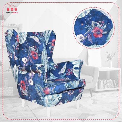 Fauteuil à Oreilles Ari Print, Style Scandinave, Bleu Marine à Motif D'oiseaux