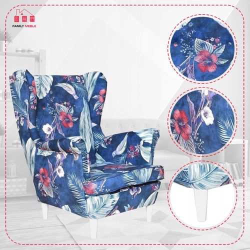 Fauteuil à Oreilles Ari Print, Style Scandinave, Bleu Marine à Motif D'oiseaux