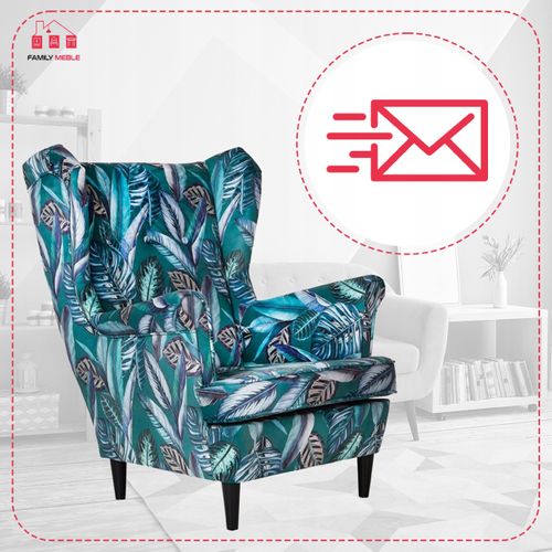 Fauteuil à Oreilles Ari Print, Style Scandinave, Tissu Imprimé De Feuilles Et De Plumes Vertes