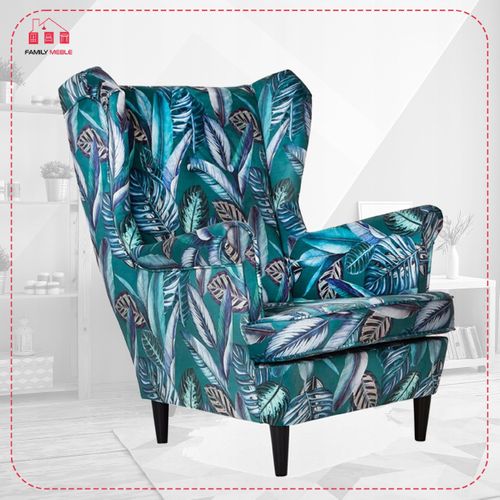 Fauteuil à Oreilles Ari Print, Style Scandinave, Tissu Imprimé De Feuilles Et De Plumes Vertes