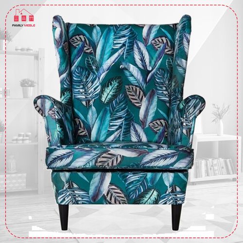 Fauteuil à Oreilles Ari Print, Style Scandinave, Tissu Imprimé De Feuilles Et De Plumes Vertes