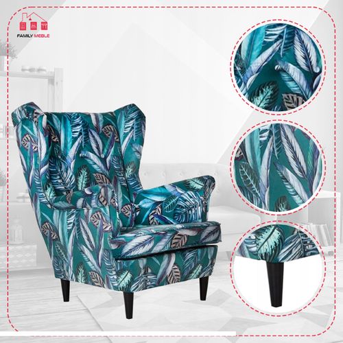 Fauteuil à Oreilles Ari Print, Style Scandinave, Tissu Imprimé De Feuilles Et De Plumes Vertes