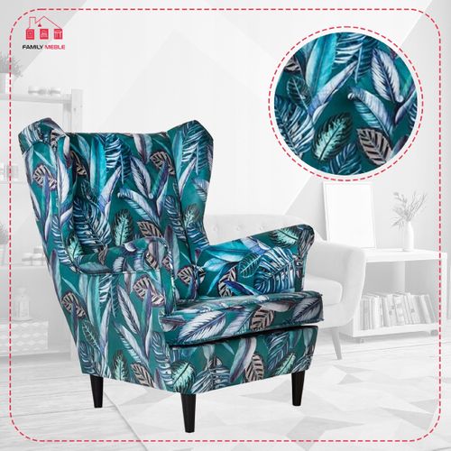 Fauteuil à Oreilles Ari Print, Style Scandinave, Tissu Imprimé De Feuilles Et De Plumes Vertes