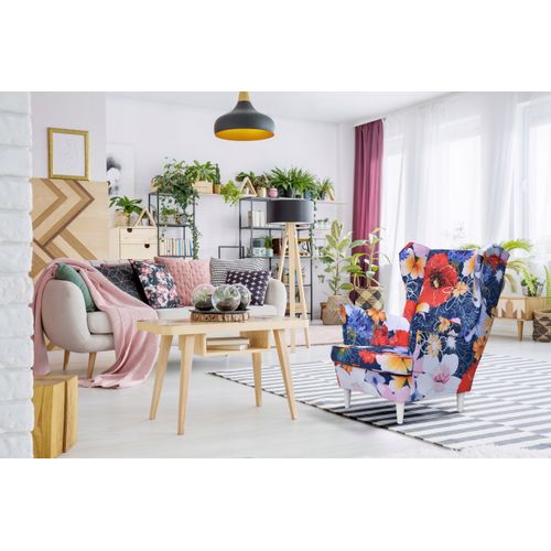 Fauteuil à Oreilles Ari Print - Style Scandinave, Tissu Gris-bleu Au Motif De Feuilles