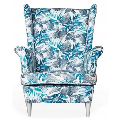 Fauteuil à Oreilles Ari Print - Style Scandinave, Tissu Gris-bleu Au Motif De Feuilles
