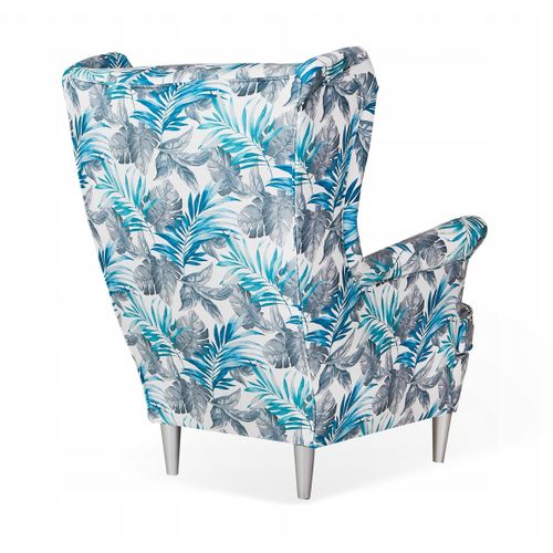 Fauteuil à Oreilles Ari Print - Style Scandinave, Tissu Gris-bleu Au Motif De Feuilles