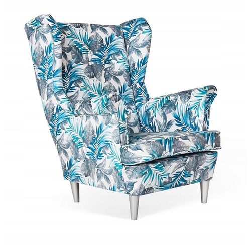 Fauteuil à Oreilles Ari Print - Style Scandinave, Tissu Gris-bleu Au Motif De Feuilles