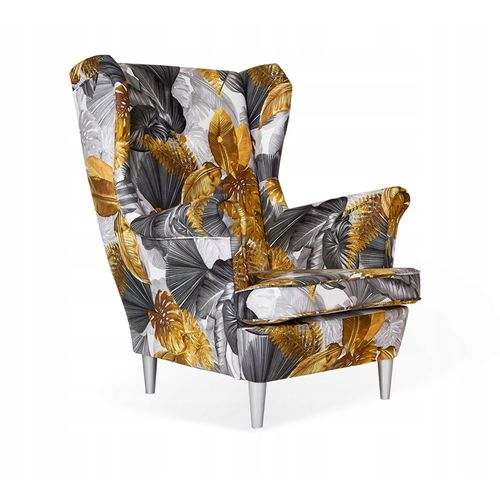 Fauteuil Scandinave à Oreilles Ari Print, Tissu Gris à Motif Monstera, Finitions Dorées