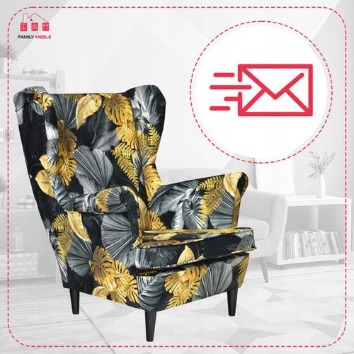 Fauteuil Scandinave à Oreilles Ari Print, Imprimé Monstera, Doré Et Noir