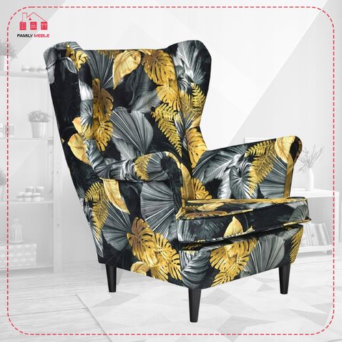 Fauteuil Scandinave à Oreilles Ari Print, Imprimé Monstera, Doré Et Noir