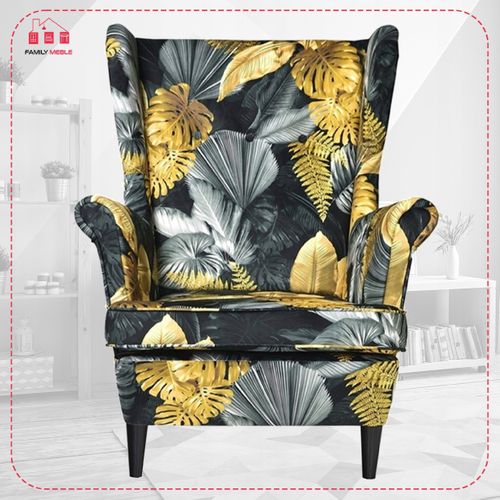Fauteuil Scandinave à Oreilles Ari Print, Imprimé Monstera, Doré Et Noir