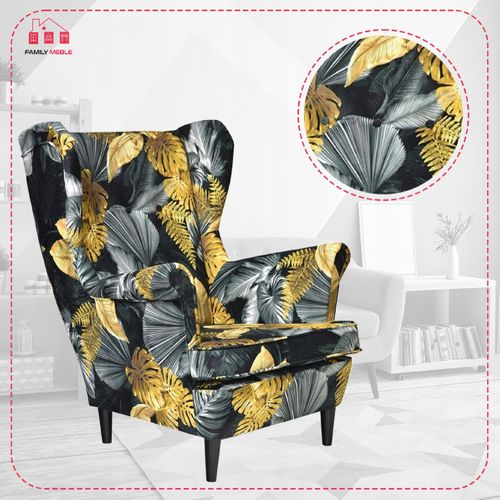 Fauteuil Scandinave à Oreilles Ari Print, Imprimé Monstera, Doré Et Noir