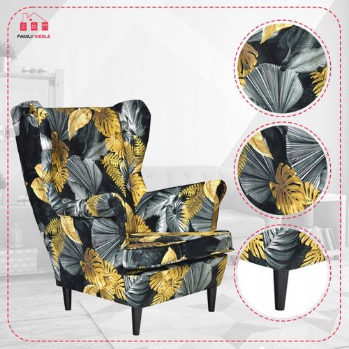Fauteuil Scandinave à Oreilles Ari Print, Imprimé Monstera, Doré Et Noir