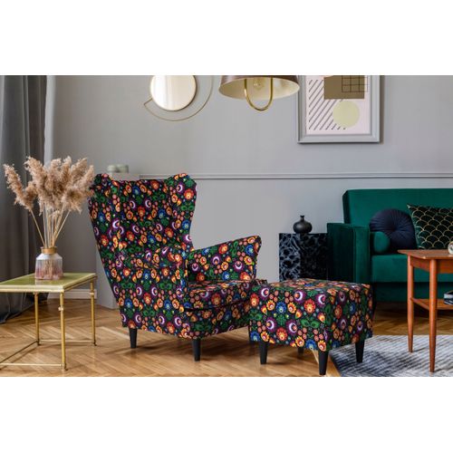 Fauteuil à Oreilles Ari Print, Style Scandinave — Imprimé De Feuilles De Monstera Dorées