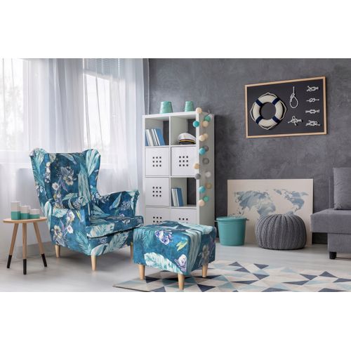 Fauteuil à Oreilles Ari Print — Style Scandinave, Patchwork Bleu Clair