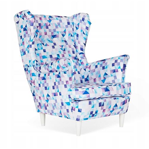 Fauteuil à Oreilles Ari Print — Style Scandinave, Patchwork Bleu Clair