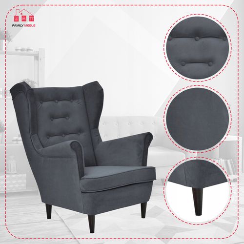 Fauteuil à Oreilles Diana, Style Scandinave, Gris Anthracite, 10 Boutons