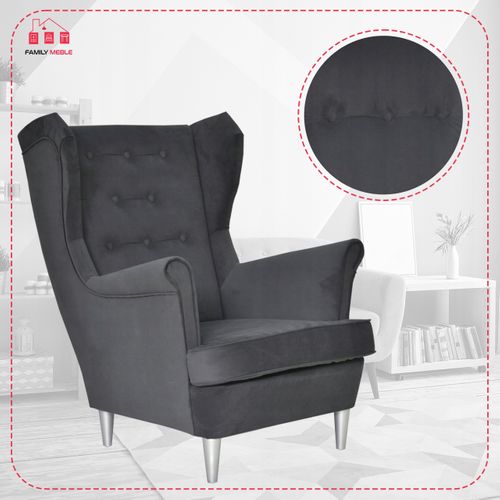 Fauteuil à Oreilles Diana, Style Scandinave — Gris Uni, à Boutons