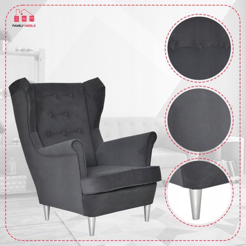 Fauteuil à Oreilles Diana, Style Scandinave — Gris Uni, à Boutons