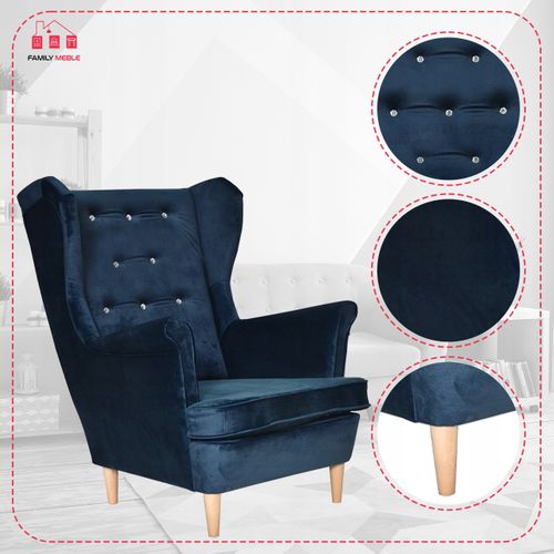 Fauteuil à Oreilles Diana, Style Scandinave, Bleu Marine Foncé Brillant Mon