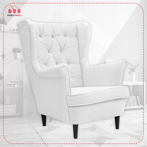 Fauteuil Scandinave à Oreilles Gaja — Famil Meble, Au Capitonnage Profond, Blanc Cassé