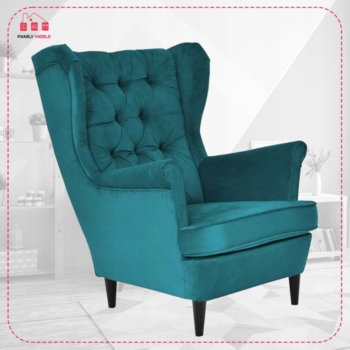 Fauteuil à Oreilles Scandinave Gaja, Velours Turquoise/bleu