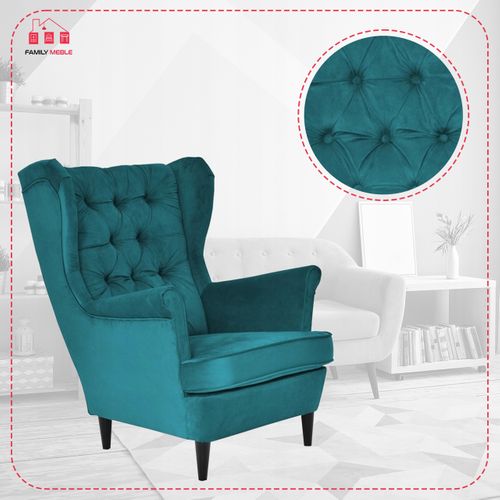 Fauteuil à Oreilles Scandinave Gaja, Velours Turquoise/bleu