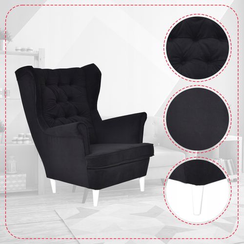 Fauteuil à Oreilles Scandinave Gaja, Velours Noir Hydrofuge