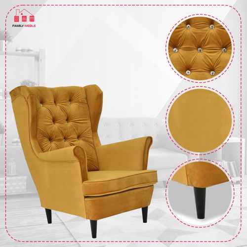 Fauteuil à Oreilles Scandinave Gaja, En Velours Moutarde Doré