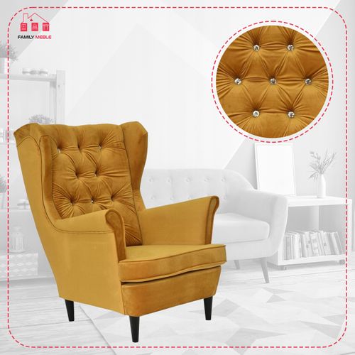 Fauteuil à Oreilles Scandinave Gaja, En Velours Moutarde Doré