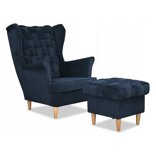 Fauteuil à Oreilles Carol — Style Scandinave, Bleu Marine/bleu Foncé