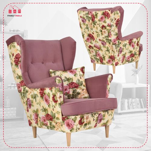 Fauteuil à Oreilles Ari Print Duo — Style Scandinave, Imprimé Roses Et Fleurs (rose)