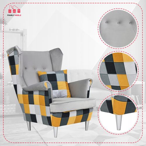 Fauteuil à Oreilles Ari Print Duo — Style Scandinave - Gris, Motif à Carreaux Jaunes