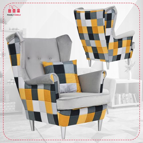 Fauteuil à Oreilles Ari Print Duo — Style Scandinave - Gris, Motif à Carreaux Jaunes
