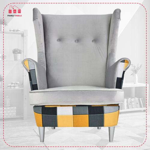 Fauteuil à Oreilles Ari Print Duo — Style Scandinave - Gris, Motif à Carreaux Jaunes