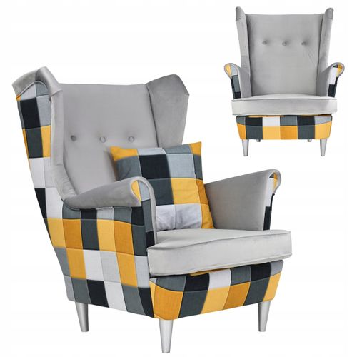 Fauteuil à Oreilles Ari Print Duo — Style Scandinave - Gris, Motif à Carreaux Jaunes