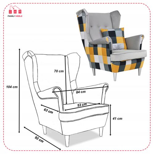 Fauteuil à Oreilles Ari Print Duo — Style Scandinave - Gris, Motif à Carreaux Jaunes