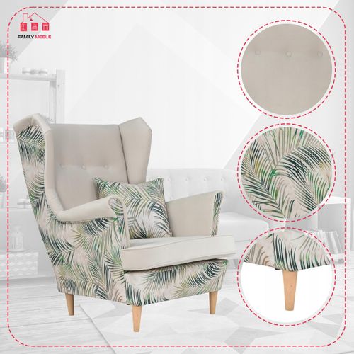 Fauteuil à Oreilles Ari Print Duo Scandinave Famil Meble, Beige à Motif De Feuilles Naturelles