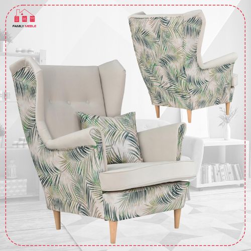 Fauteuil à Oreilles Ari Print Duo Scandinave Famil Meble, Beige à Motif De Feuilles Naturelles