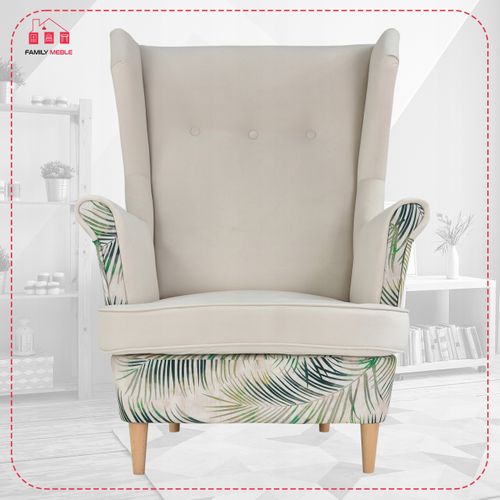 Fauteuil à Oreilles Ari Print Duo Scandinave Famil Meble, Beige à Motif De Feuilles Naturelles