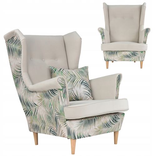 Fauteuil à Oreilles Ari Print Duo Scandinave Famil Meble, Beige à Motif De Feuilles Naturelles