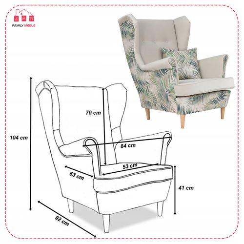 Fauteuil à Oreilles Ari Print Duo Scandinave Famil Meble, Beige à Motif De Feuilles Naturelles