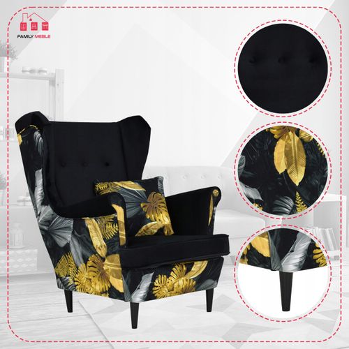 Fauteuil à Oreilles Scandinave Ari Print Duo Famil Meble — Noir, Motif Monstera — Hot