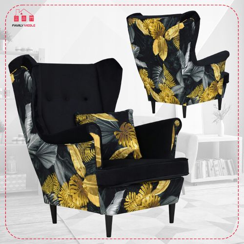 Fauteuil à Oreilles Scandinave Ari Print Duo Famil Meble — Noir, Motif Monstera — Hot