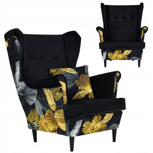 Fauteuil à Oreilles Scandinave Ari Print Duo Famil Meble — Noir, Motif Monstera — Hot